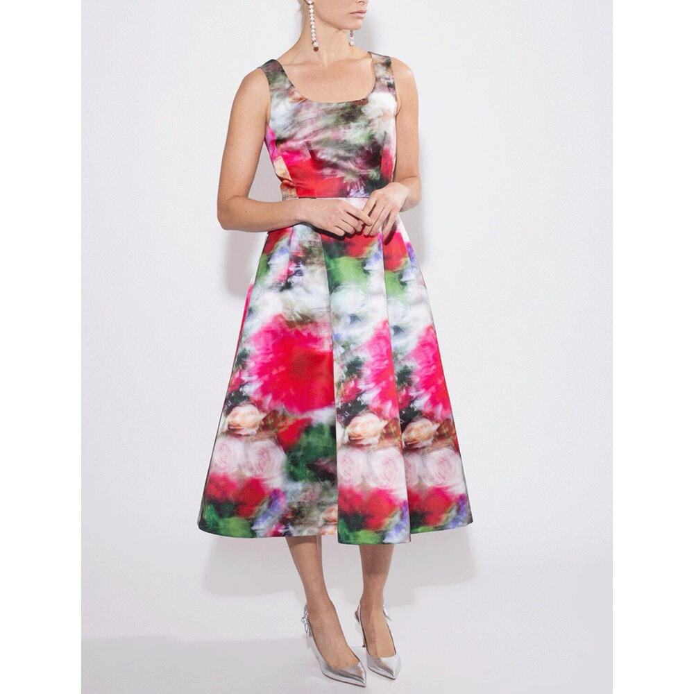 Adam Lippes Duchess Satin Fluted Dress Floral Print Structured Size 12 $2190